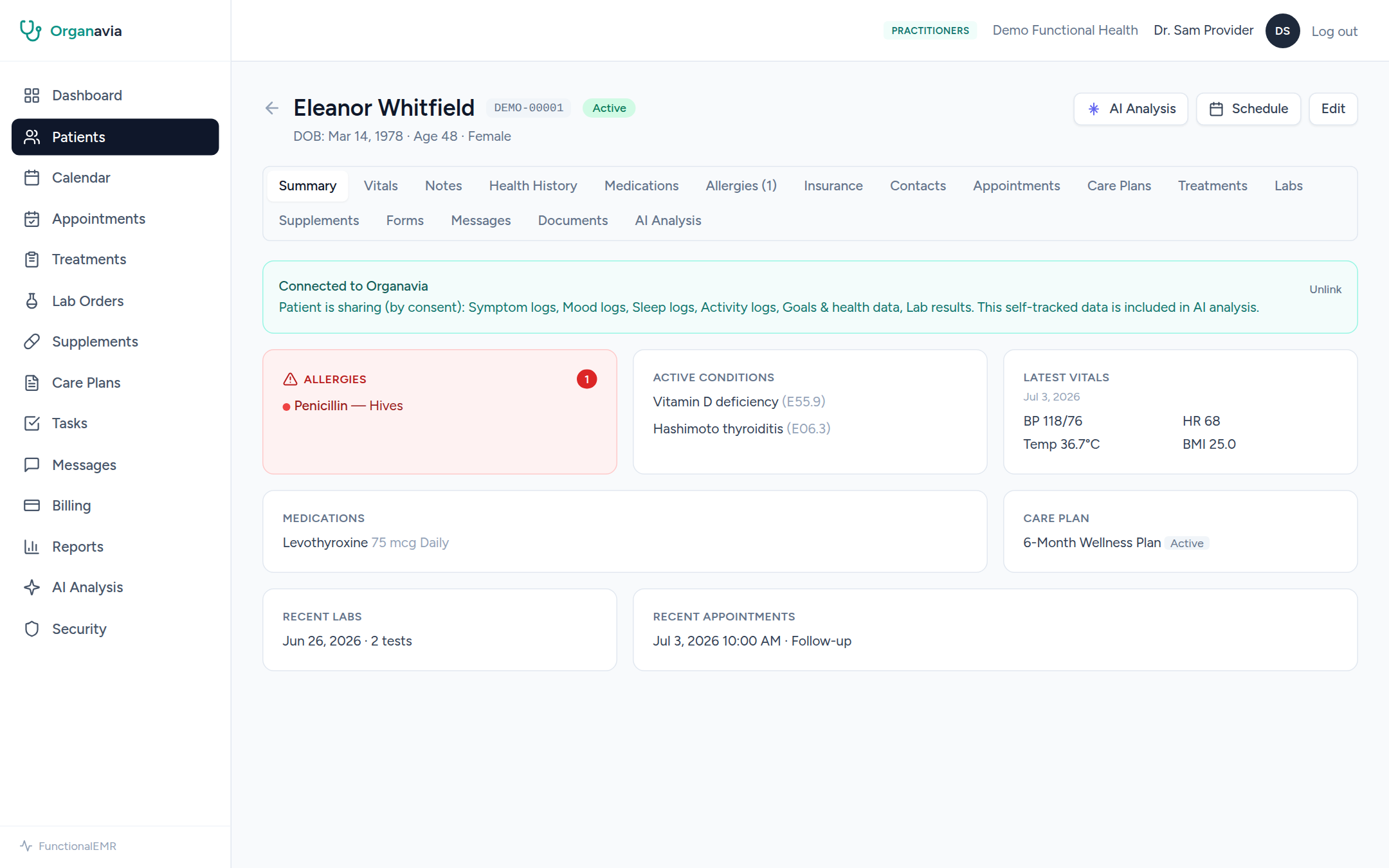 Patient chart: summary tab with allergies, active conditions with ICD-10 codes, vitals, medications, care plan, and consented patient-tracked data